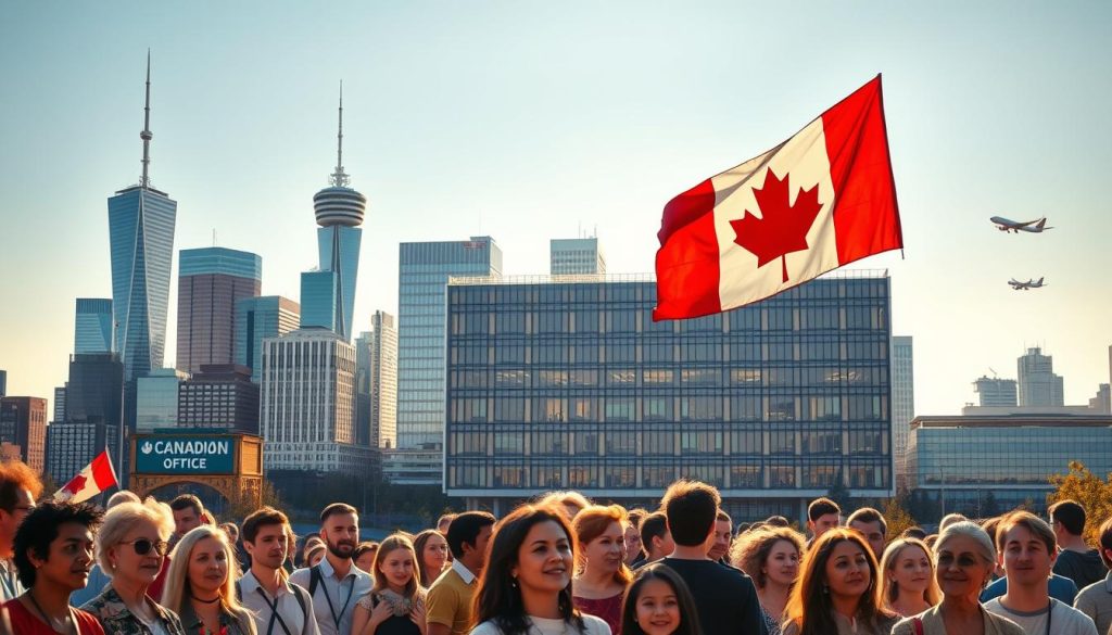 A bustling city skyline with towering skyscrapers and the Canadian flag prominently displayed, set against a clear blue sky. In the foreground, a diverse group of people standing in front of a large immigration office building, their faces filled with hope and anticipation. The scene is illuminated by warm, golden sunlight, creating a sense of optimism and opportunity. The background features silhouettes of airplanes in the distance, symbolizing the journey of immigration. The overall composition conveys the notion of Canada as a welcoming, progressive destination for those seeking a better life.